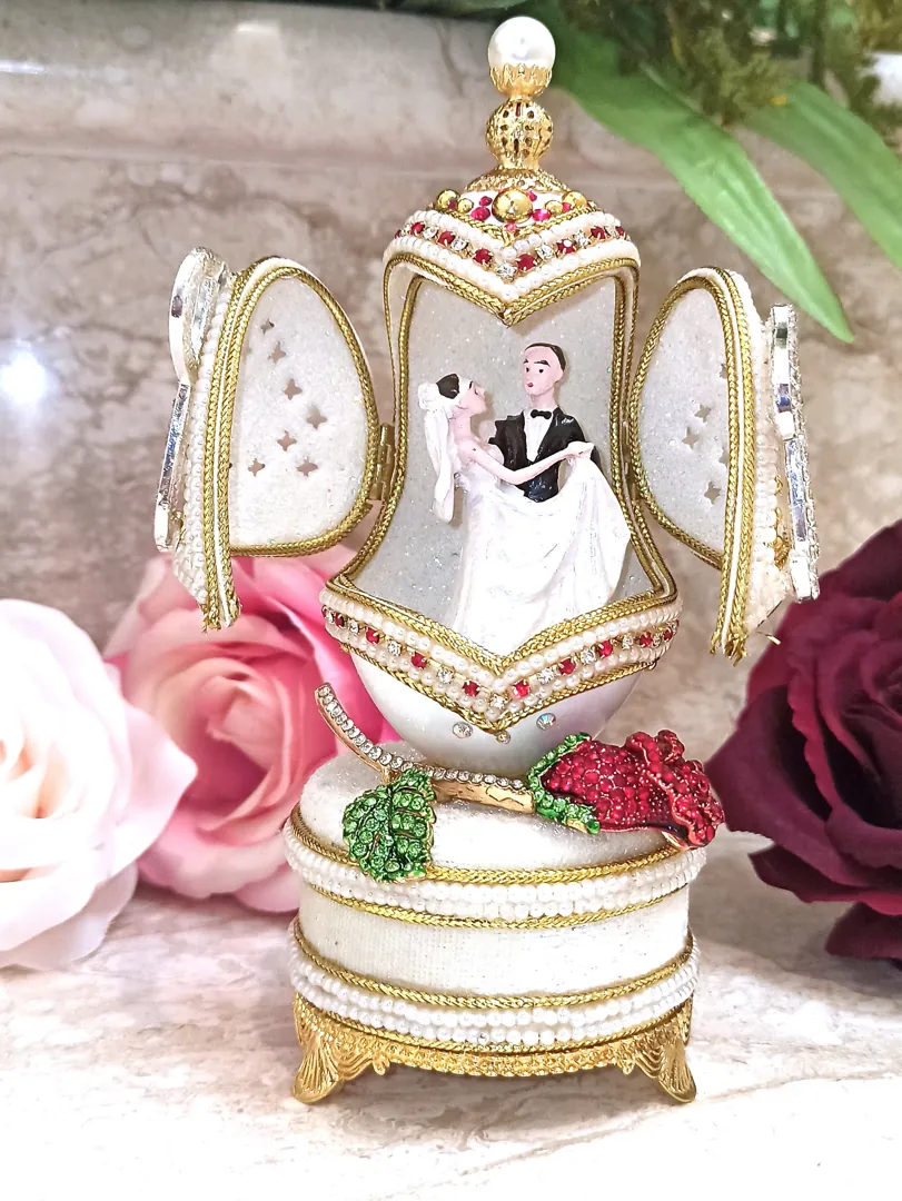 Luxury Wedding Gift, Faberge Egg Style Personalized, 24K Gold, Ruby Anniversary, 5ct, Faberge Music Box, Wedding Ornament, Handcarved, Faberge.