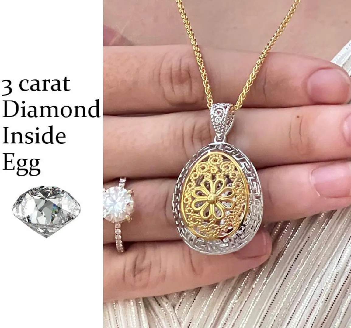 3ct LARGE Gold Diamond Flower Necklace Fabergé Egg Pendant Sterling Silver SOLID PLATINUM Fabergé Egg Style Birthday Diamond Necklace 1.6