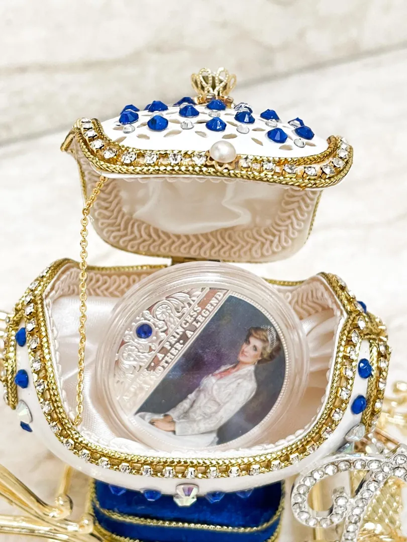 1997 Vintage Lady Diana Spencer Faberge Egg Musical Jewelry Box Princess Diana Royal Memorabilia Diana Jewelry Box Hand Carved Egg Music Box