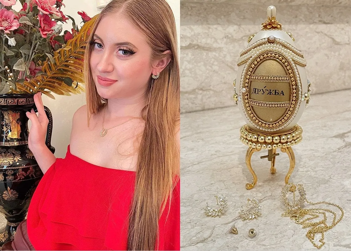 ONE OF A KIND Faberge Egg Jewelry Box for Daughter Wedding Day Gifts. This collectible item features Swarovski handset details and is designed in the Fabergé egg style. It comes with a natural hand-carved egg.