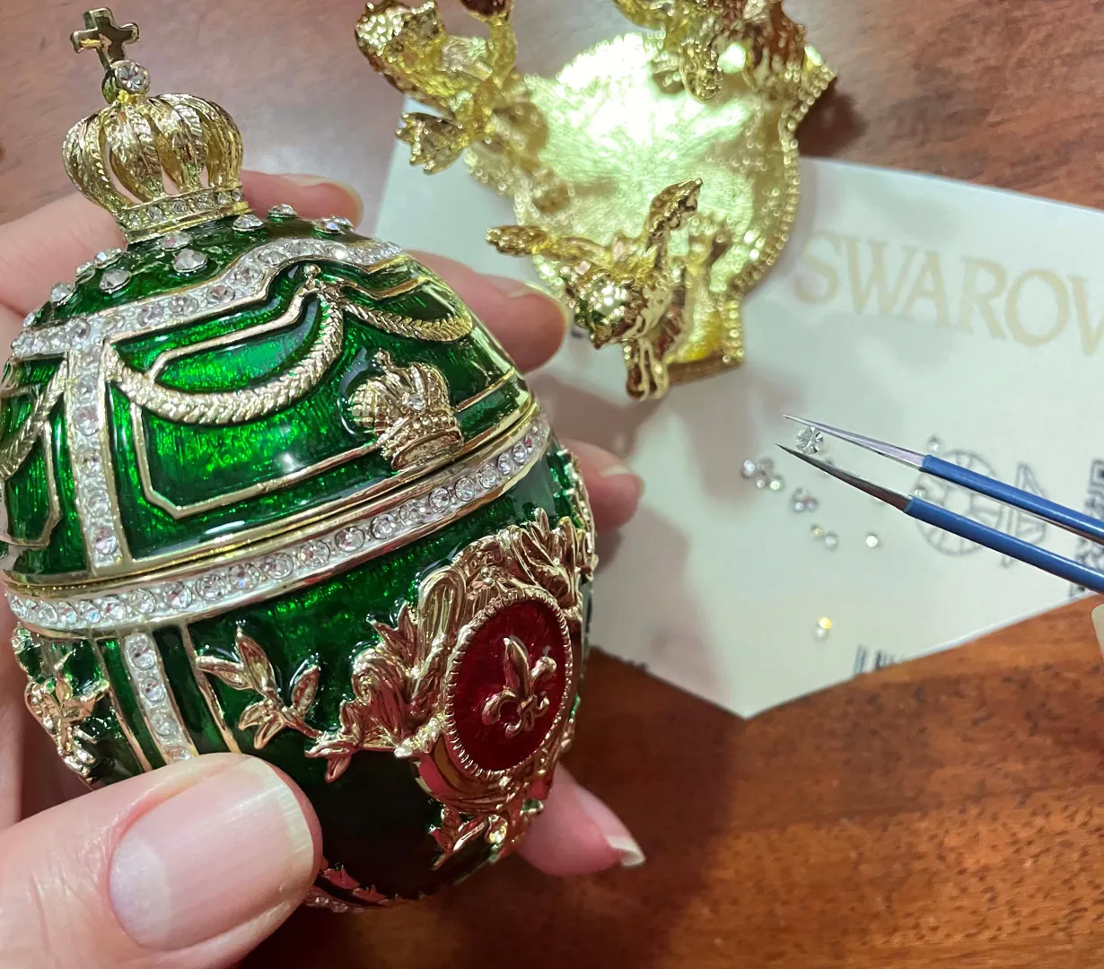Emerald Faberge Egg Ornament, Faberge Style Easter Egg, Home Decor Gift for Her, 24k Gold, 300 Swarovski Handset, Birthday Fabergé Unique Jewelry Box.