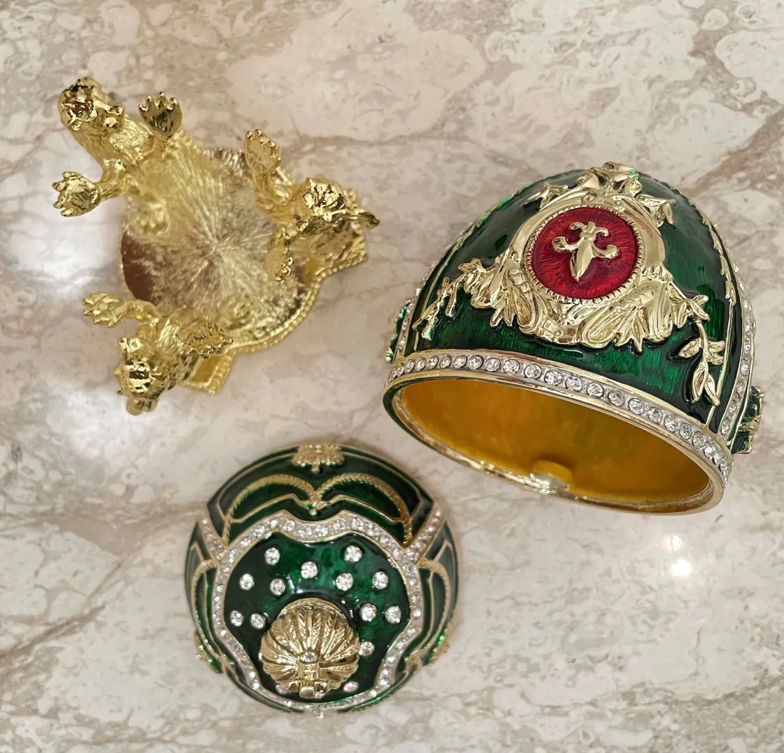 Emerald Faberge Egg Ornament, Faberge Style Easter Egg, Home Decor Gift for Her, 24k Gold, 300 Swarovski Handset, Birthday Fabergé Unique Jewelry Box.