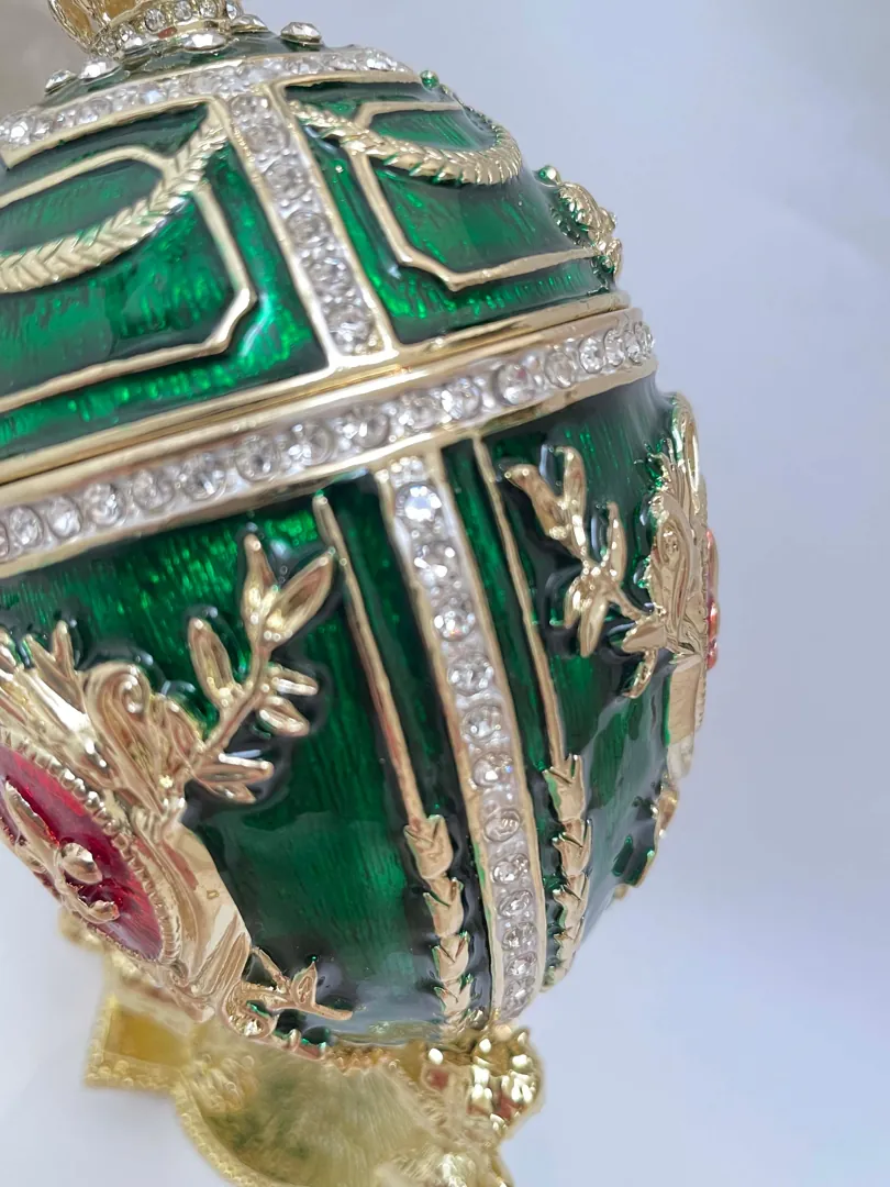 Emerald Faberge Egg Ornament, Faberge Style Easter Egg, Home Decor Gift for Her, 24k Gold, 300 Swarovski Handset, Birthday Fabergé Unique Jewelry Box.