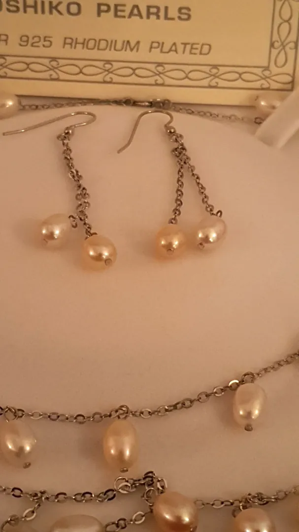 Pearl Set Solid Sterling Silver 925 Yoshika Original Pearls White Gold Rhodium Plated Handmade Set Necklace, Earrings & Bracelet.