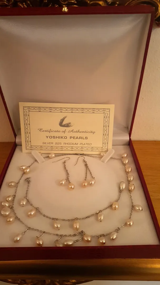 Pearl Set Solid Sterling Silver 925 Yoshika Original Pearls White Gold Rhodium Plated Handmade Set Necklace, Earrings & Bracelet.