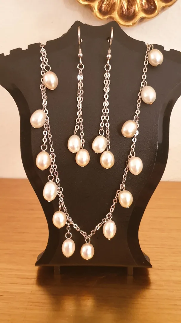 Pearl Set Solid Sterling Silver 925 Yoshika Original Pearls White Gold Rhodium Plated Handmade Set Necklace, Earrings & Bracelet.