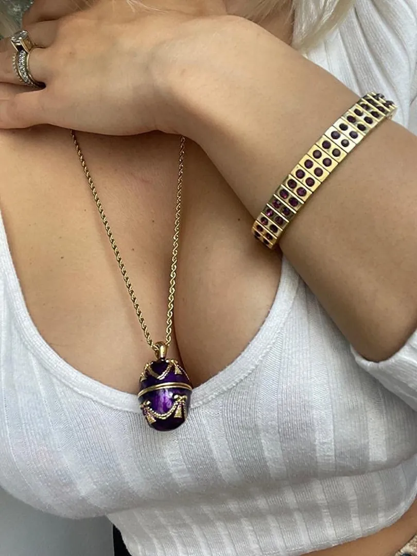 10ct, Faberge, Luxury Gift Set, Faberge Egg, Amethyst Bracelet, Faberge Egg Necklace Gold, 24k, Faberge Egg Style Hand Carved Vintage Egg.