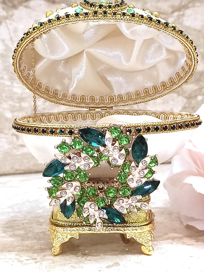 UNIQUE Faberge Egg Style 24k EMERALD Olive Wreath Engagement Ornament Proposal Ring Box Gift for Her Fabergé Egg Engagement Gift Fiance Wife