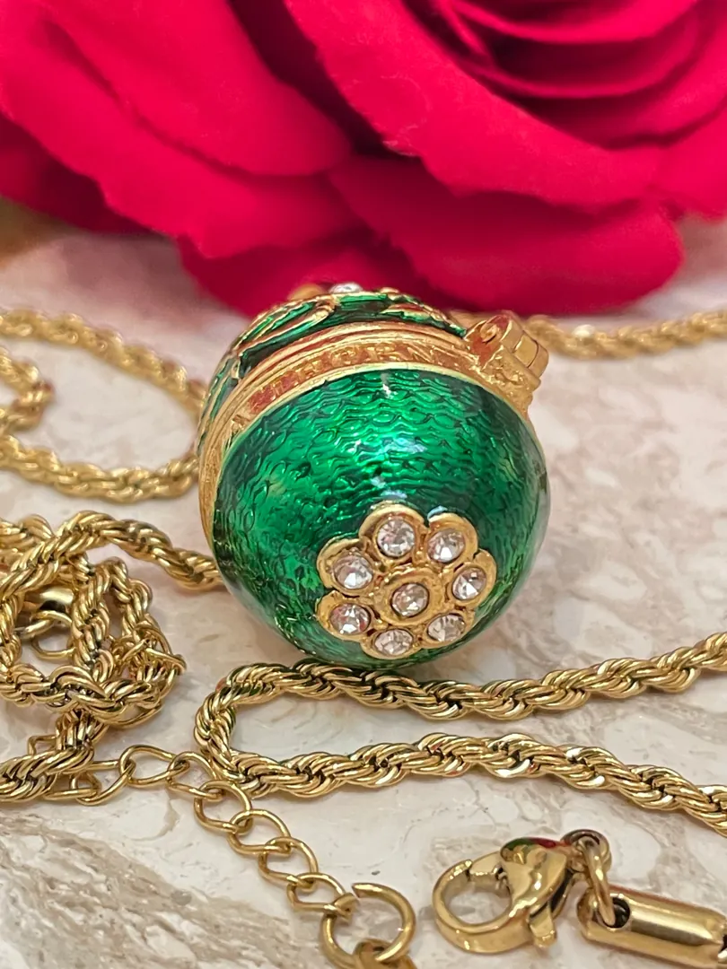 Faberge Egg Necklace, Faberge Pendant, and 24k Gold Bracelet for Women, Faberge Egg in Green, Austrian Crystal Diamonds Handset Handmade Jewelry.