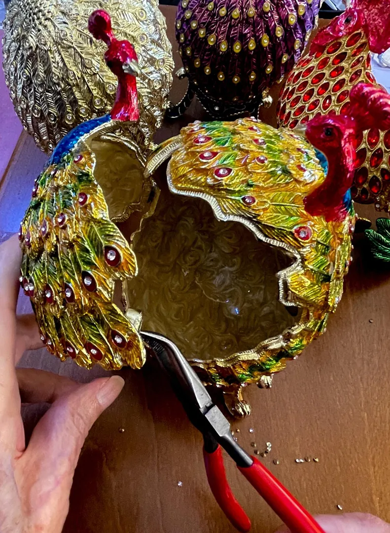 Pierre Lorren Multi Peacock Jewelry Box Faberge Egg Pure Gold Swarovski Handmade Faberge Trinket Box & Bracelet Peacock Gifts for Her 7.9