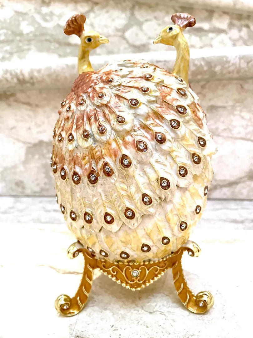 Pierre Lorren Gold Peacock Jewelry Box Faberge Egg Pure Gold Swarovski HANDMADE Faberge Trinket Box & Bracelet Peacock Gifts for Her 7.9