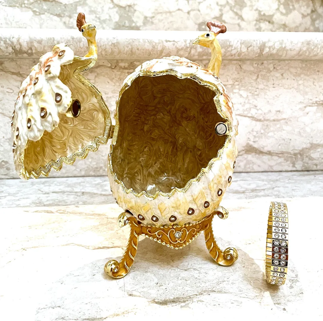 Pierre Lorren Gold Peacock Jewelry Box Faberge Egg Pure Gold Swarovski HANDMADE Faberge Trinket Box & Bracelet Peacock Gifts for Her 7.9