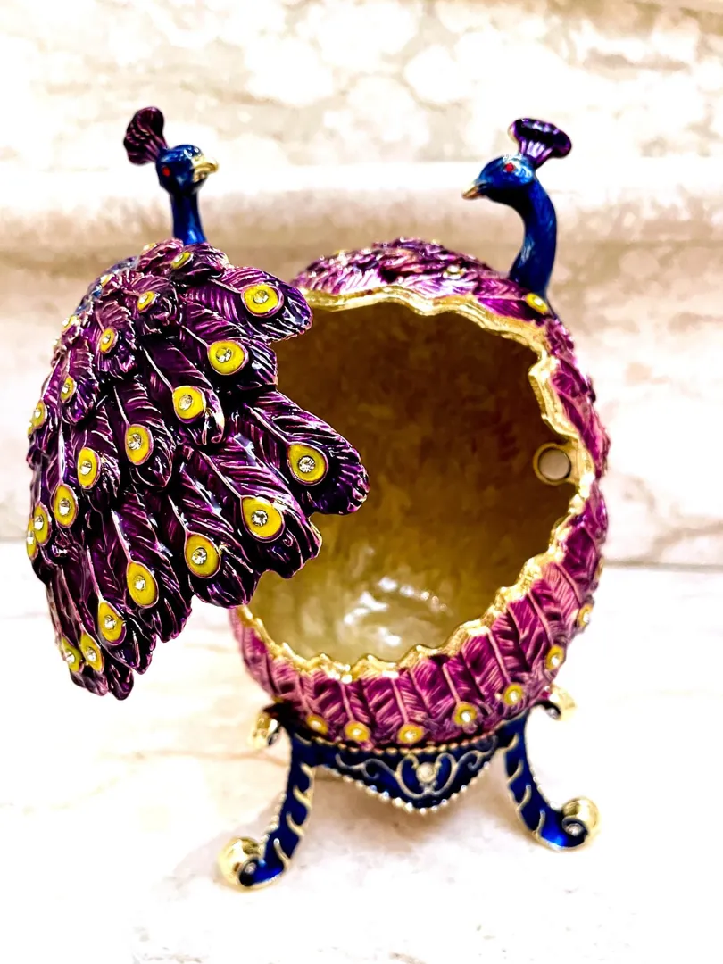 Pierre Lorren Purple Peacock Jewelry Box Faberge Egg Pure Gold Swarovski Handmade Faberge Trinket Box & Bracelet Peacock Gifts for Her 7.9