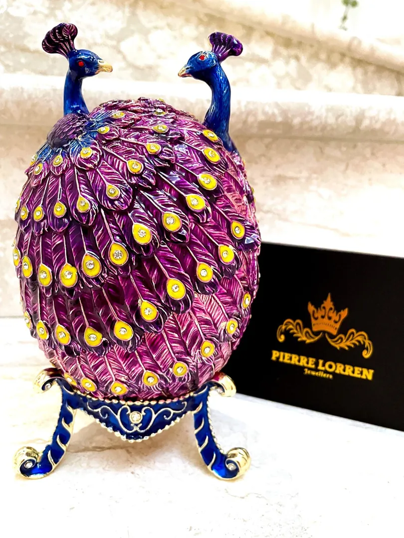 Pierre Lorren Purple Peacock Jewelry Box Faberge Egg Pure Gold Swarovski Handmade Faberge Trinket Box & Bracelet Peacock Gifts for Her 7.9