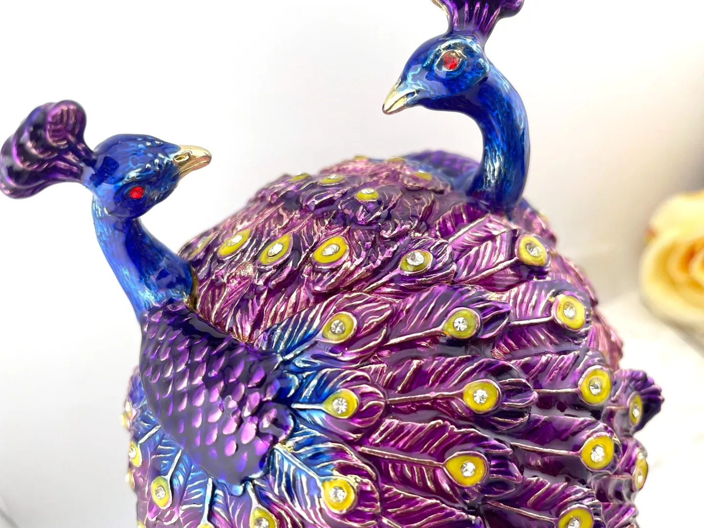 Pierre Lorren Purple Peacock Jewelry Box Faberge Egg Pure Gold Swarovski Handmade Faberge Trinket Box & Bracelet Peacock Gifts for Her 7.9