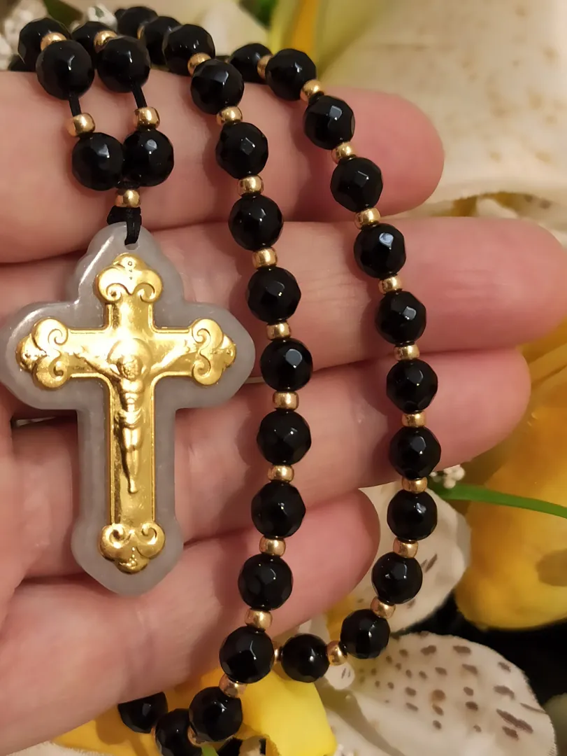 Crucifix Rosary Gemstone Prayer Necklace - ONE Of A Kind Cross - SOLID 18K Gold - 56 NATURAL Onyx Gem - 6mm - Christian Mother Mom Religious Jewelry.