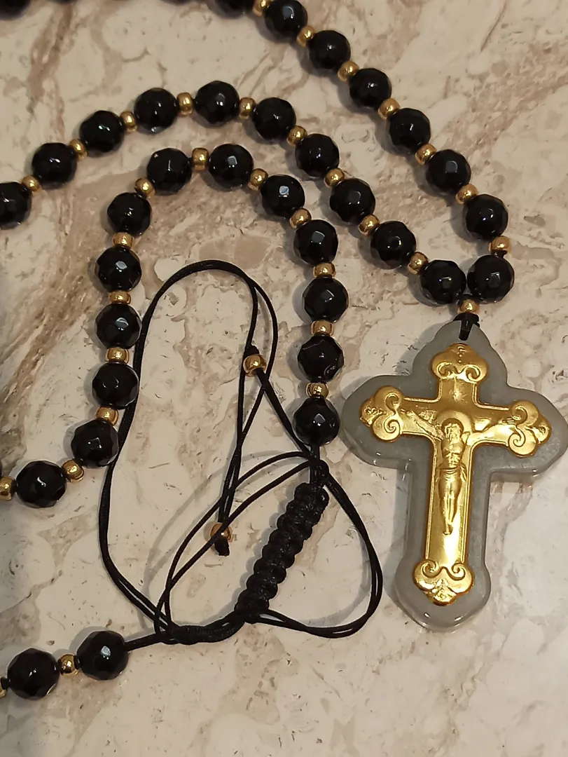 Crucifix Rosary Gemstone Prayer Necklace - ONE Of A Kind Cross - SOLID 18K Gold - 56 NATURAL Onyx Gem - 6mm - Christian Mother Mom Religious Jewelry.