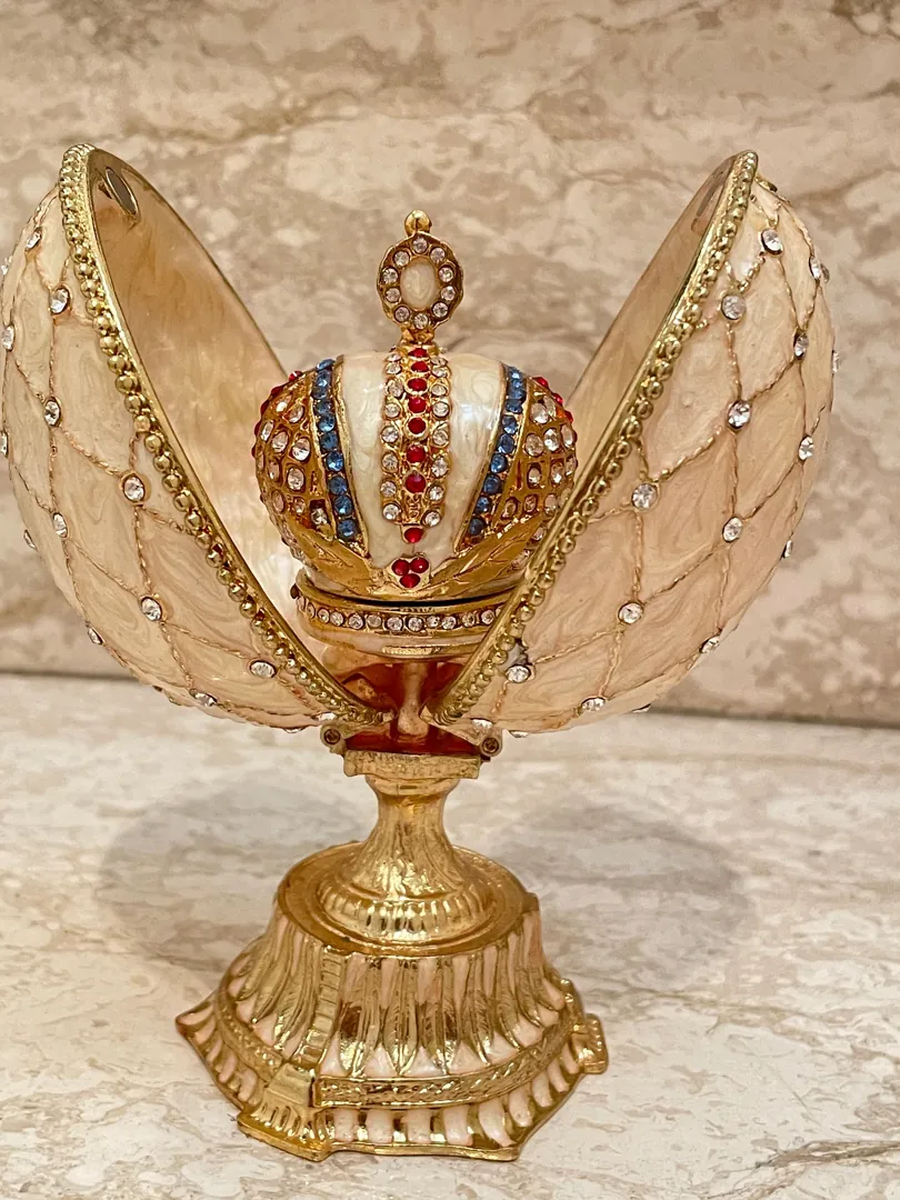 Faberge Egg Decorative Boxes 333 Austrian Crystal Handset Jewelry Box Fabergé Egg Imperial Crown Hideaway Trinket PLUS Faberge Necklace 24k