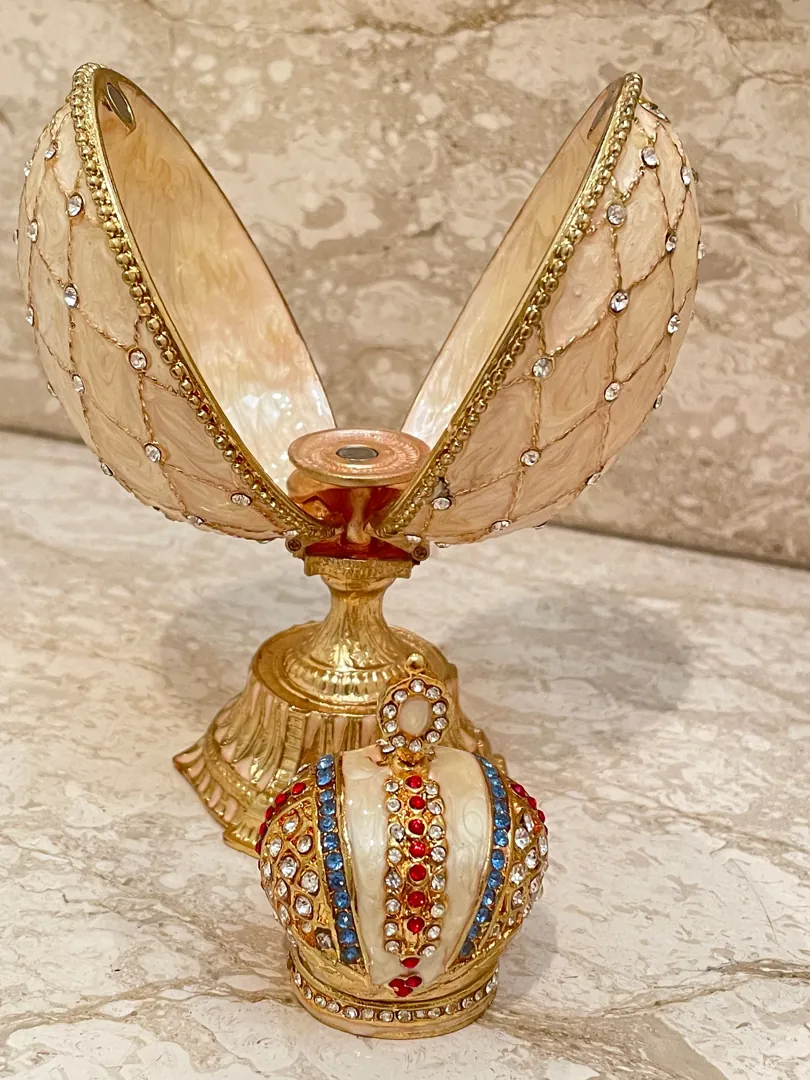 Faberge Egg Decorative Boxes 333 Austrian Crystal Handset Jewelry Box Fabergé Egg Imperial Crown Hideaway Trinket PLUS Faberge Necklace 24k
