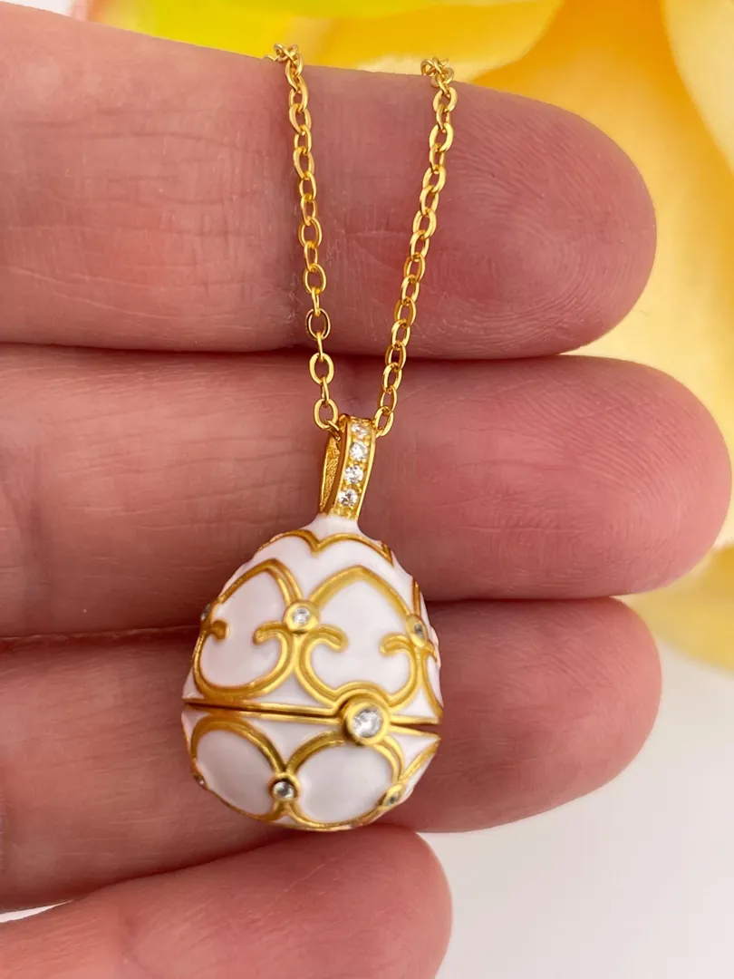 Pierre Lorren White Faberge Necklace & Bracelet Faberge Egg Pendant Set Austrian Crystal Diamond Fabergé Style Pendant Faberge Jewelry Gold.
