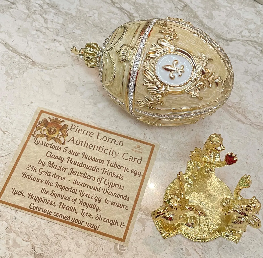 Designer 5* Faberge Egg Beige Jewelry Box Faberge Egg Bride Trinket Wedding Gift for Couple Unique Fabergé Egg Austrian Crystal Handset 5ct