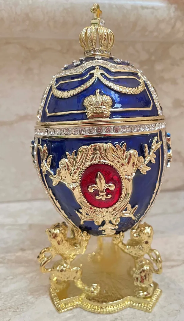 DESIGNER Blue Faberge Egg Ornament, Faberge Egg Trinket Box, 24k GOLD Swarovski Diamond HANDSET, Fabergé Egg Style Graduation Gift for Son.