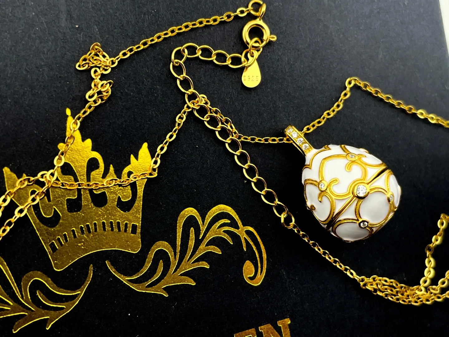 Luxury White Faberge Egg Necklace, Faberge Jewelry, Faberge Pendant Egg, Handmade Valentine’s Day Gift for Her, 18k Yellow Gold Wedding Gift.