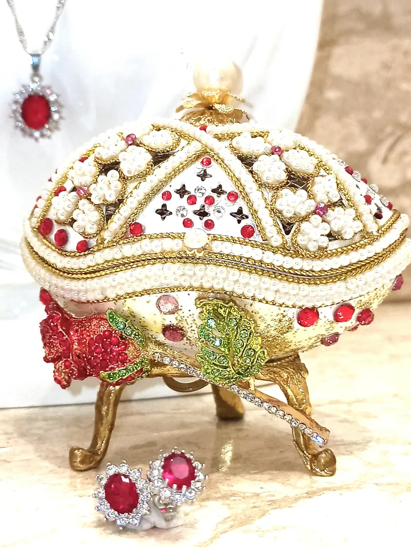 Faberge Egg Christmas Ruby Set 24k Gold Faberge Handcarved Real Egg Musical Jewelry Box Vintage Gift, Ruby Necklace, Earrings, Ring, Bracelet.