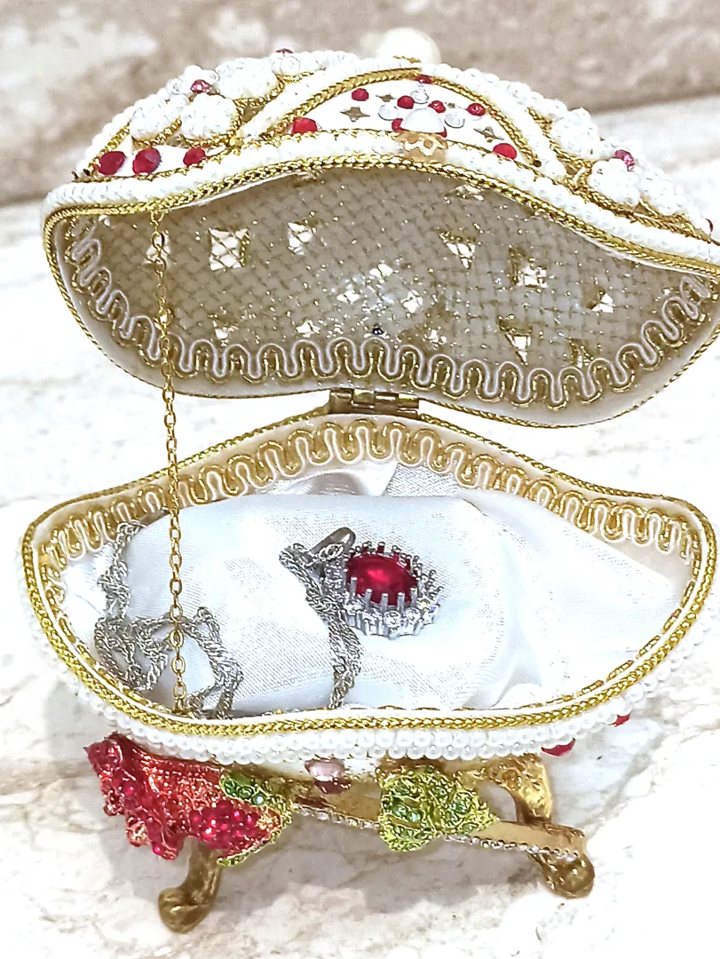 Faberge Egg Christmas Ruby Set 24k Gold Faberge Handcarved Real Egg Musical Jewelry Box Vintage Gift, Ruby Necklace, Earrings, Ring, Bracelet.