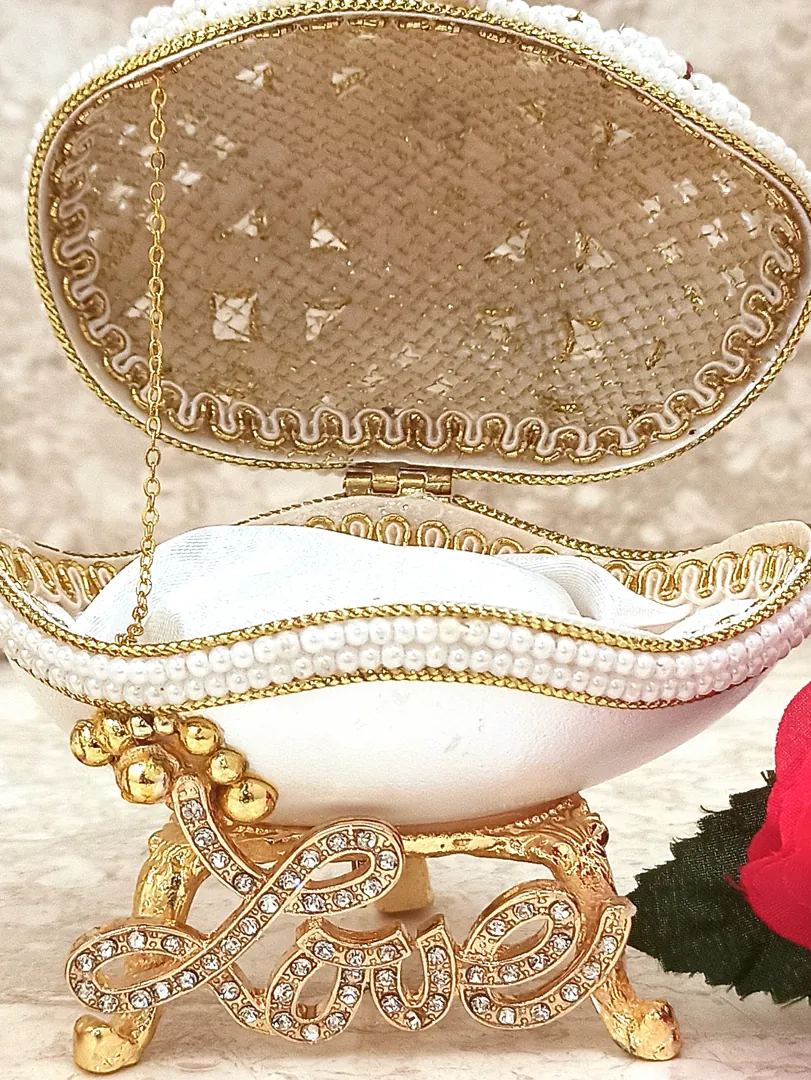 Pearl Jewelry Box Luxury Gift One of a Kind Handmade Musical Ornament Love Faberge Egg Natural Hand Carved Egg 2ct Austrian Crystal 24k Gold Gift