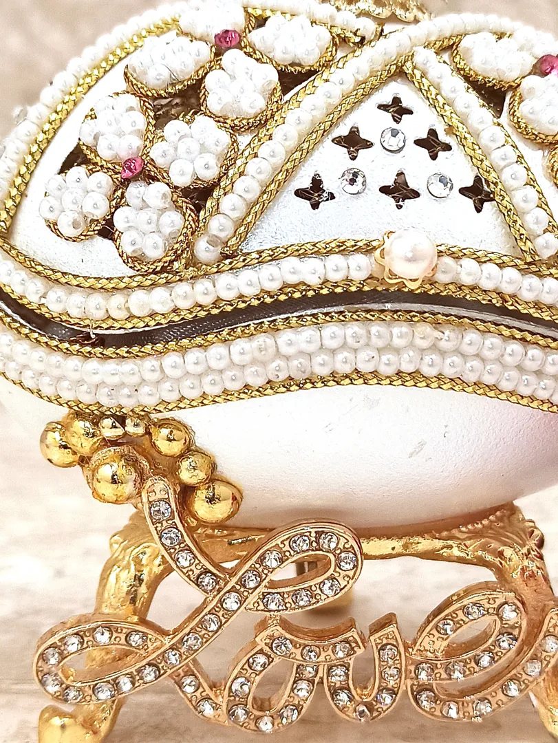 Pearl Jewelry Box Luxury Gift One of a Kind Handmade Musical Ornament Love Faberge Egg Natural Hand Carved Egg 2ct Austrian Crystal 24k Gold Gift