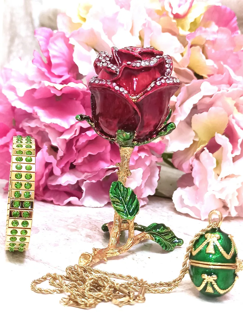 Rose Trinket Box, Faberge Egg Necklace, Peridot Bracelet in Gold, Faberge Jewelry Box, Austrian Crystal Diamond Hand Set, 24K Christmas Gift for Mom.