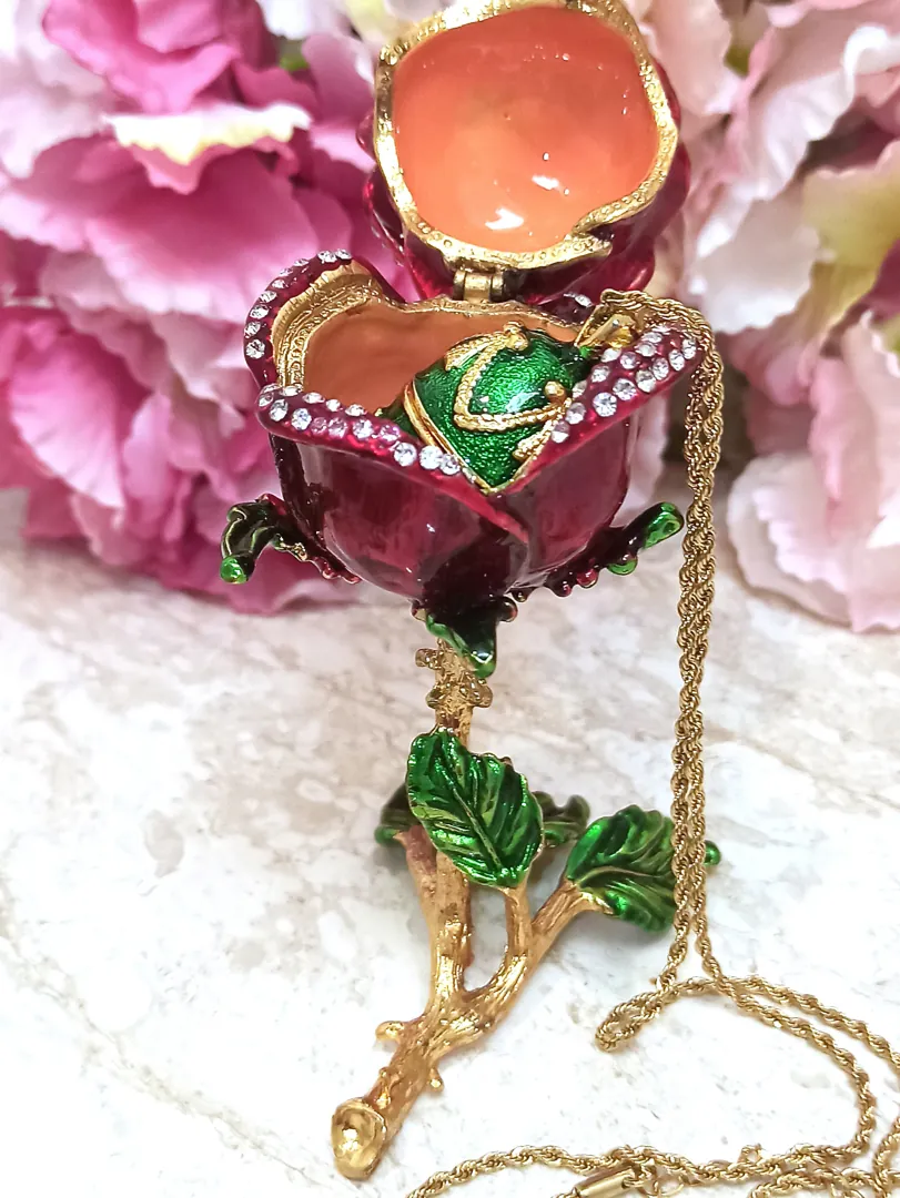 Rose Trinket Box, Faberge Egg Necklace, Peridot Bracelet in Gold, Faberge Jewelry Box, Austrian Crystal Diamond Hand Set, 24K Christmas Gift for Mom.