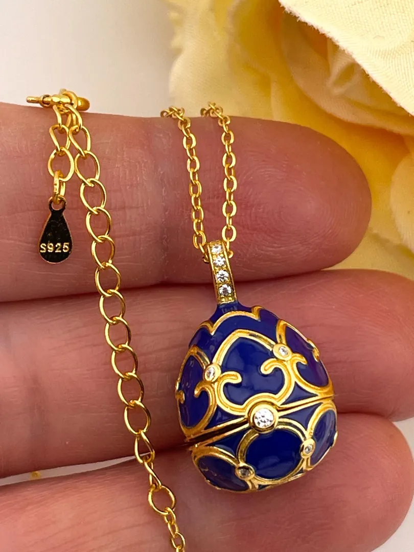 Luxury SAPPHIRE Blue Necklace Faberge Egg Necklace Faberge Jewelry Faberge Pendant Egg Verm HANDMADE Valentine Gift for her 18k Yellow Gold