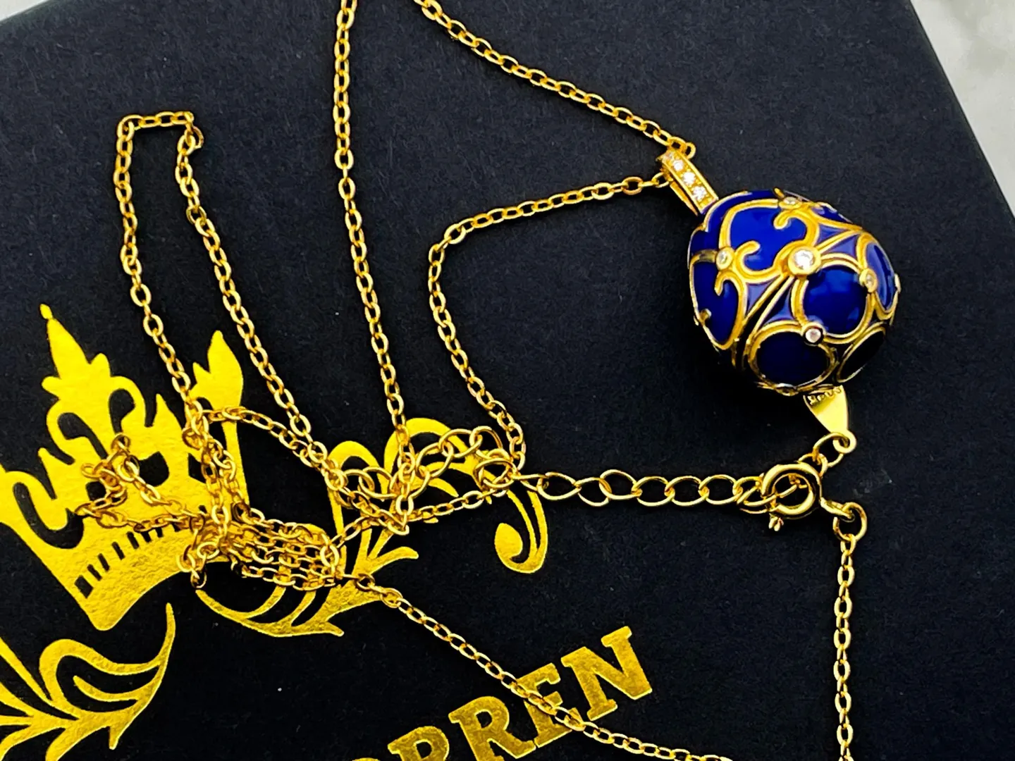 Luxury SAPPHIRE Blue Necklace Faberge Egg Necklace Faberge Jewelry Faberge Pendant Egg Verm HANDMADE Valentine Gift for her 18k Yellow Gold
