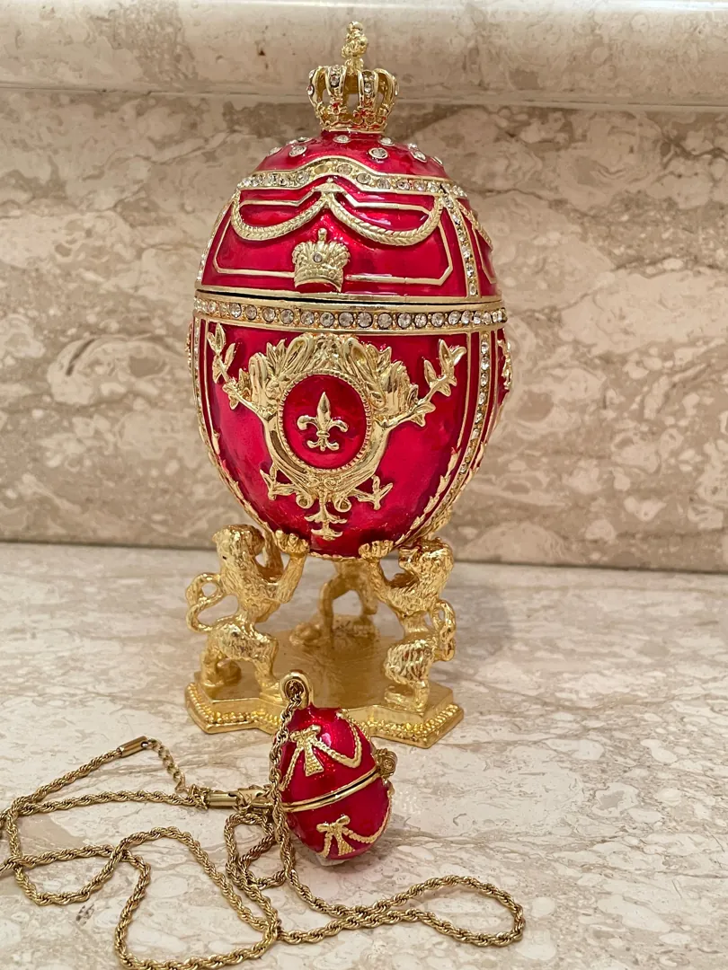 Fabergé Egg Style Enamel Egg Jewelry Box PLUS Fabergé Egg Pendant Christmas Jewelry Set 24k Gold 200 Austrian Crystal HANDMADE Birthday Gift