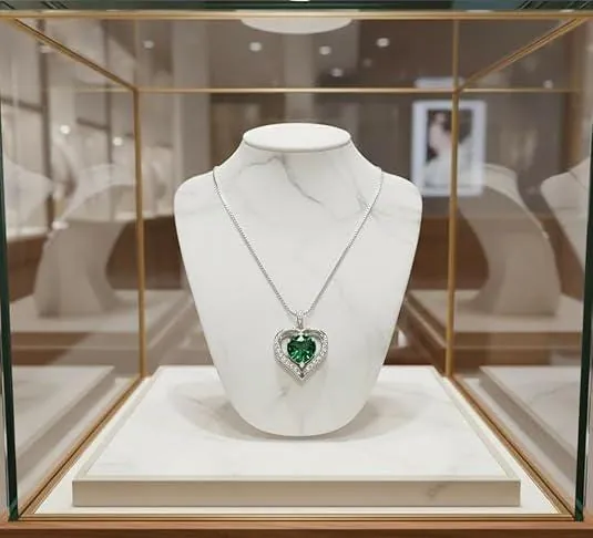 Heart Emerald Diamond Necklace, Heart Shaped Emerald 18K White Gold Silver Emerald Valentines Day Mothers Day May Birthday Gift for Women.
