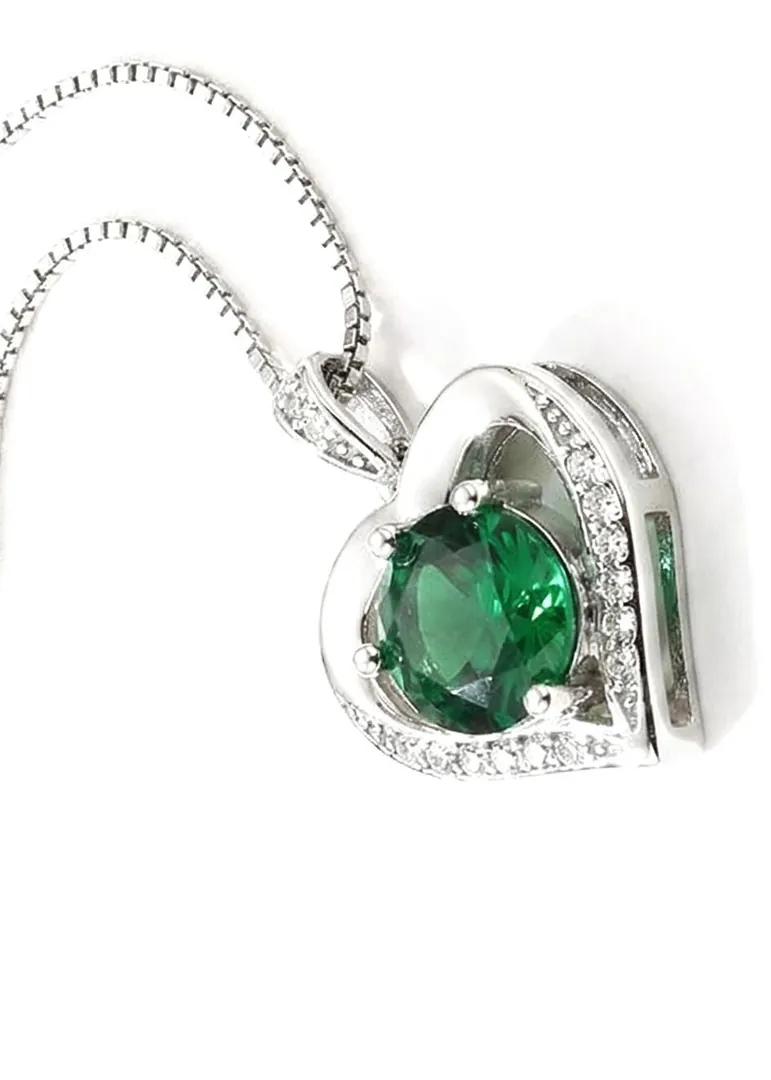 Heart Emerald Diamond Necklace, Heart Shaped Emerald 18K White Gold Silver Emerald Valentines Day Mothers Day May Birthday Gift for Women.
