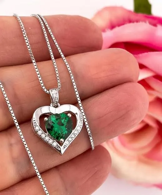Heart Emerald Diamond Necklace, Heart Shaped Emerald 18K White Gold Silver Emerald Valentines Day Mothers Day May Birthday Gift for Women.