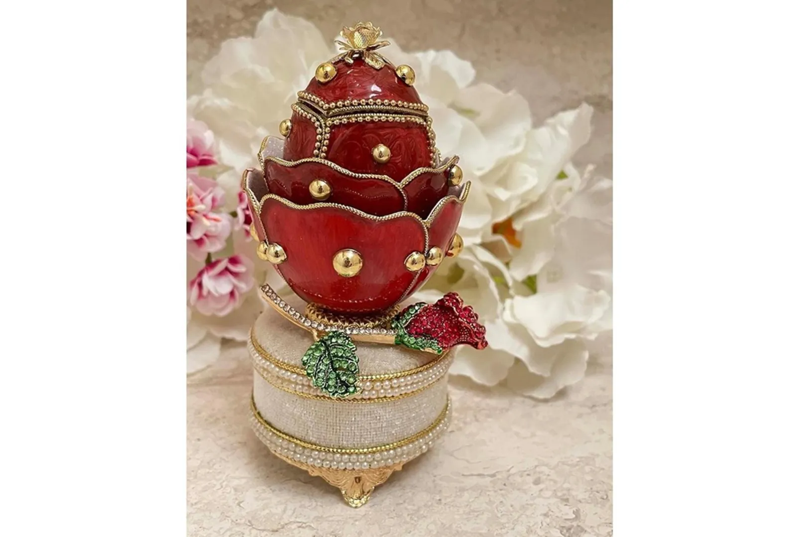 One Of A Kind Ruby Rose Fabergé-Style Egg Pure Gold Detailing & Austrian Crystal Rubies Musical Collectible Keepsake by Pierre Lorren 2002