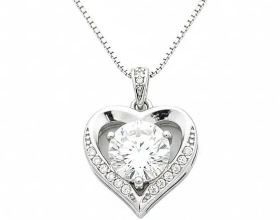 Heart Diamond Necklace, Heart Shaped 18K White Gold Silver Valentines Day Mothers Day May Birthday gift for women by Pierre Lorren.