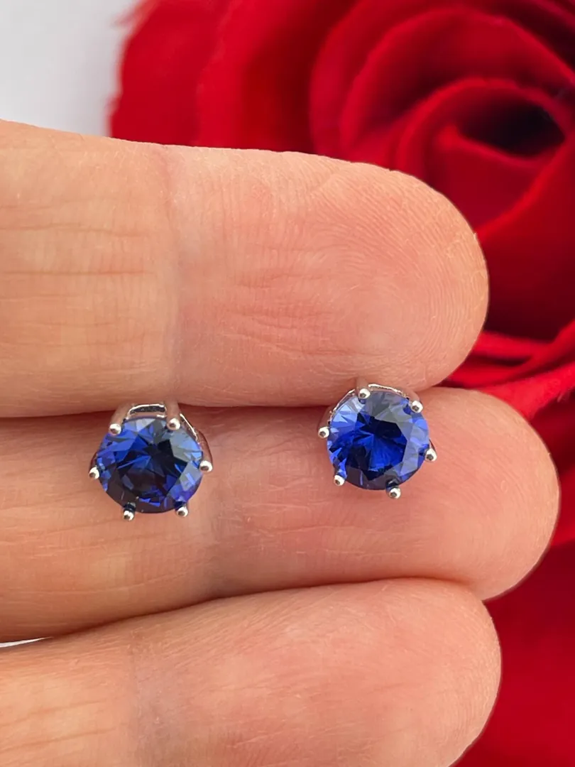 Pierre Lorren Natural Sapphire Blue Earrings Studs 2 Carat Real Sapphire Earrings - Screw on Stud Earrings 6.5mm Anniversary Gift for Woman