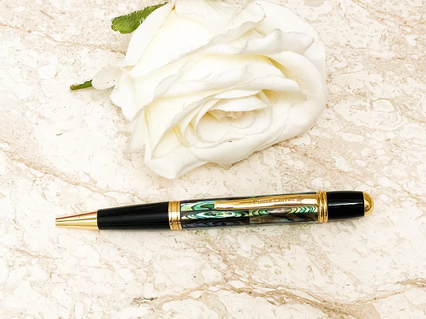 Handmade Greek Luxury Pen – Natural Opal Inlay Pens – Executive Pen - 18K Gold Vermeil Hand Engraved Zig-Zag Pattern – Made in Greece Gifts