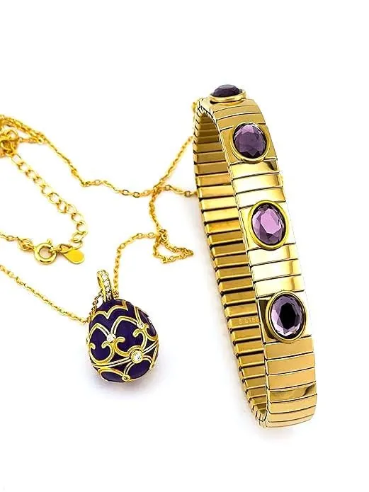 Designer Faberge Egg Necklace Bracelet Set Fabergé Egg Pendant Amethyst Jewelry Mother's Day Jewelry 18k Gold Mother's Birthday Gift for Her