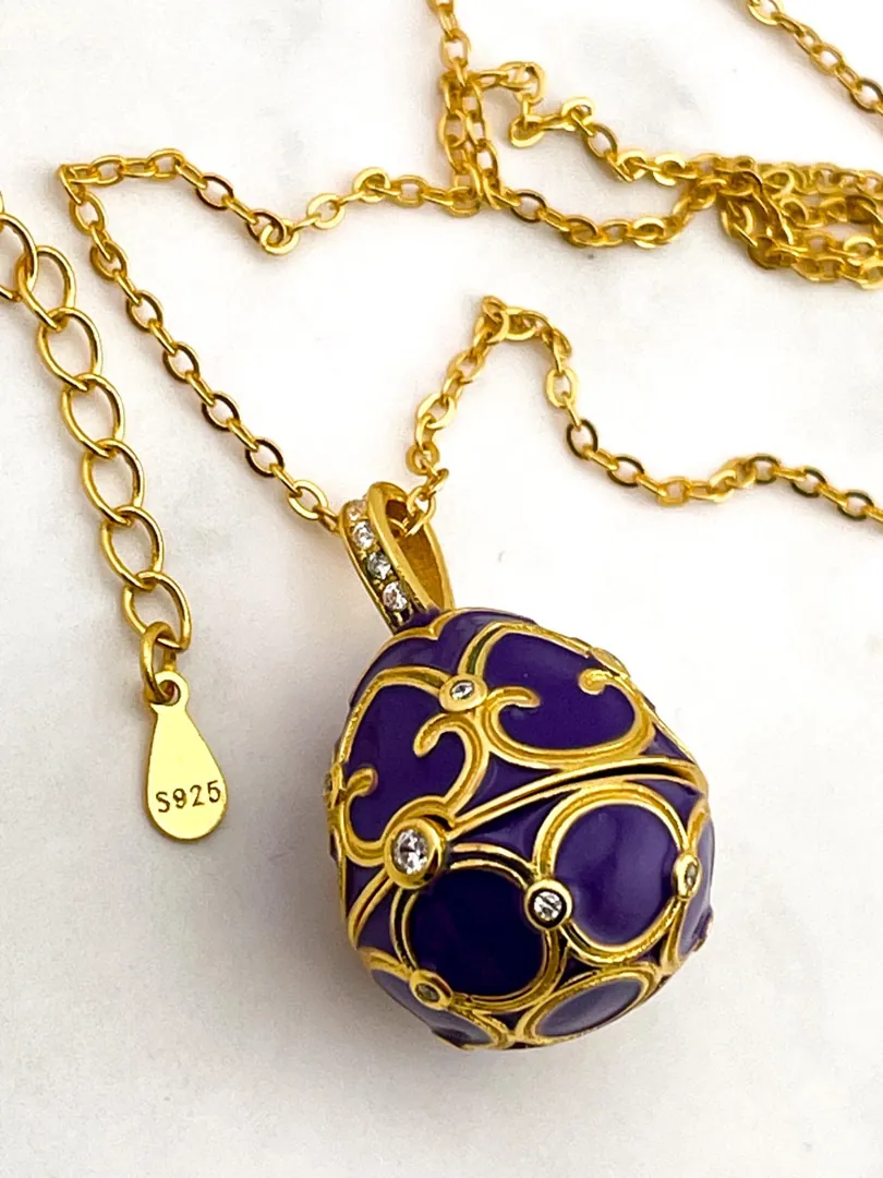 Designer Faberge Egg Necklace Bracelet Set Fabergé Egg Pendant Amethyst Jewelry Mother's Day Jewelry 18k Gold Mother's Birthday Gift for Her