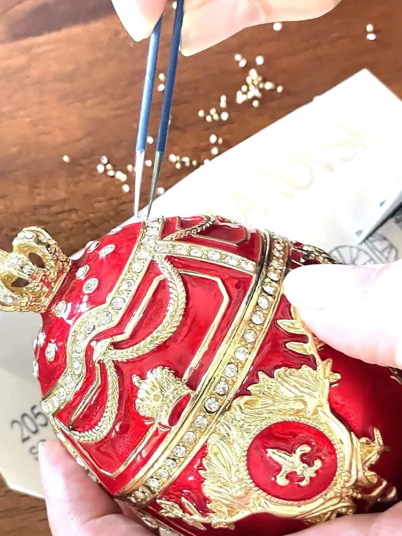 Red Faberge Egg Christmas New Year's Wreath Jewelry + Faberge Style Egg Handmade Pure Gold Deco Swarovski Faberge Set Luck Joy Love Happiness