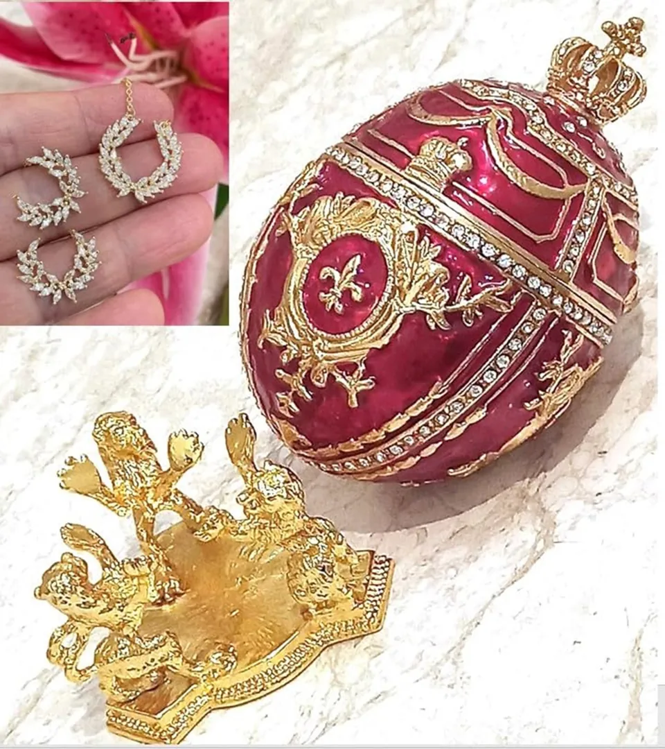 Red Faberge Egg Christmas New Year's Wreath Jewelry + Faberge Style Egg Handmade Pure Gold Deco Swarovski Faberge Set Luck Joy Love Happiness