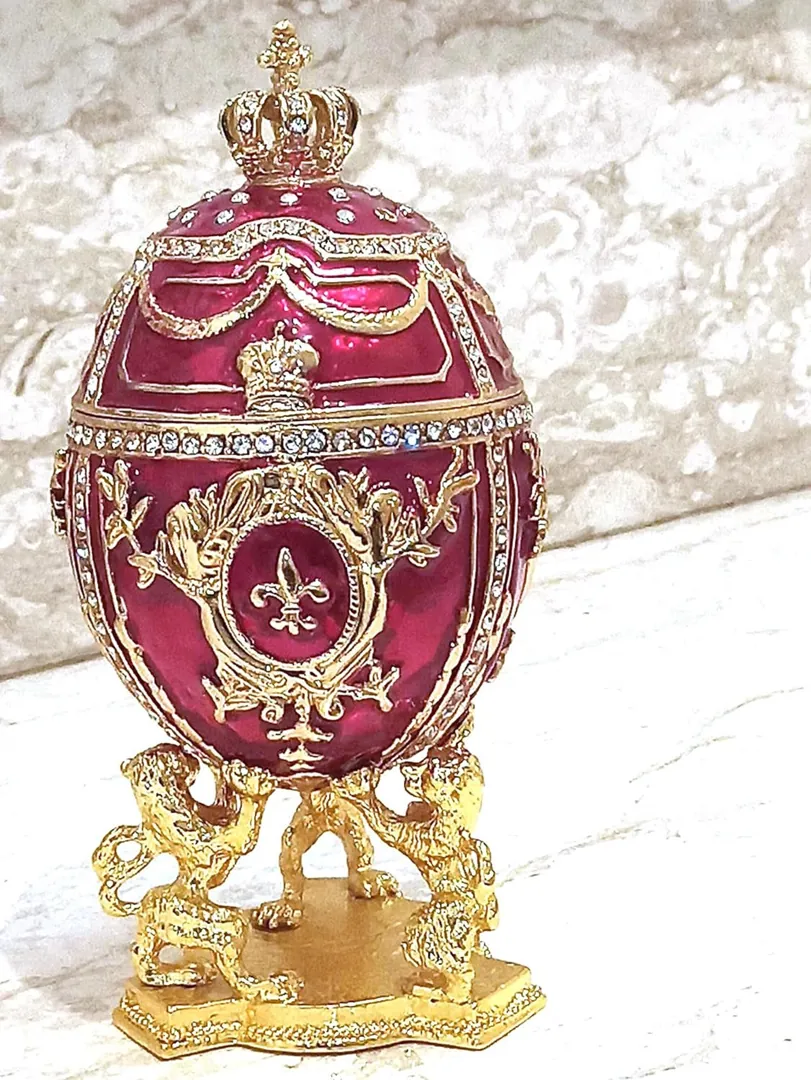 Red Faberge Egg Christmas New Year's Wreath Jewelry + Faberge Style Egg Handmade Pure Gold Deco Swarovski Faberge Set Luck Joy Love Happiness
