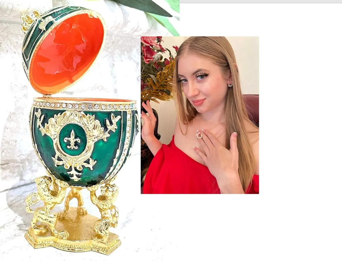 Green Faberge Christmas New Year's Wreath Jewelry + Faberge Style Egg Handmade Pure Gold Decor Swarovski Faberge Set Luck Joy Love Happiness