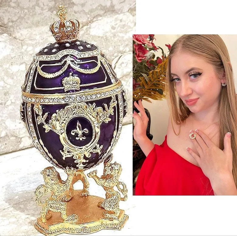 Purple Faberge Christmas New Year's Wreath Jewelry + Faberge Style Egg Handmade Pure Gold Decor Swarovski Faberge Set Luck Joy Love Happiness